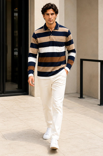 Navy Striped Cotton Men Full Sleeve Polo T Shirts With Pocket