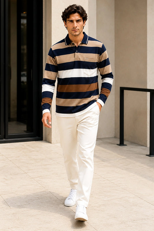 Navy Striped Cotton Men Full Sleeve Polo T Shirts With Pocket