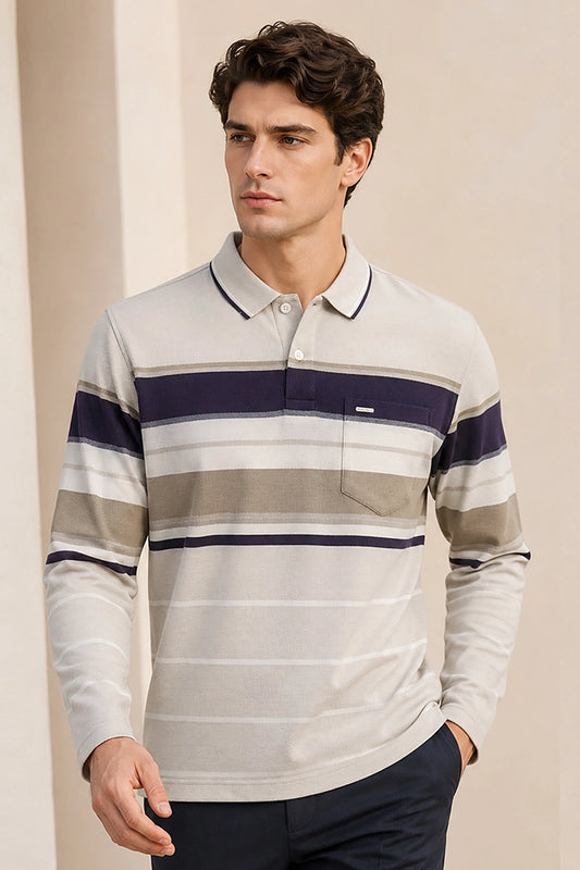 Beige Striped Cotton Men Full Sleeve Polo T Shirts With Pocket