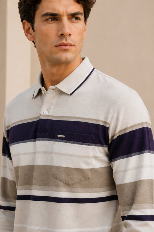 Beige Striped Cotton Men Full Sleeve Polo T Shirts With Pocket