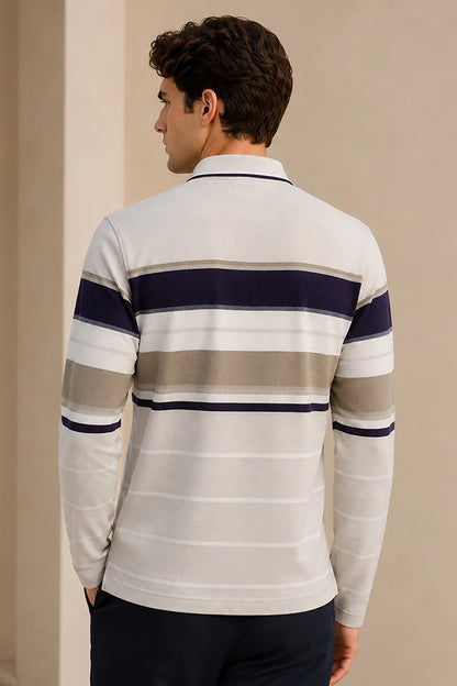 Beige Striped Cotton Men Full Sleeve Polo T Shirts With Pocket