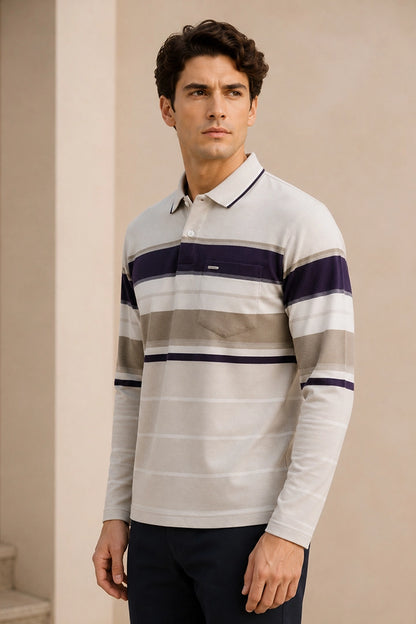 Beige Striped Cotton Men Full Sleeve Polo T Shirts With Pocket