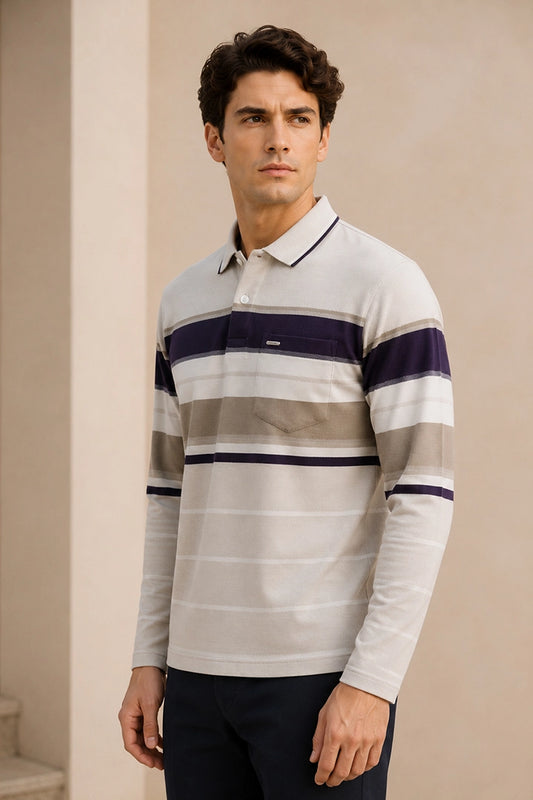 Beige Striped Cotton Men Full Sleeve Polo T Shirts With Pocket