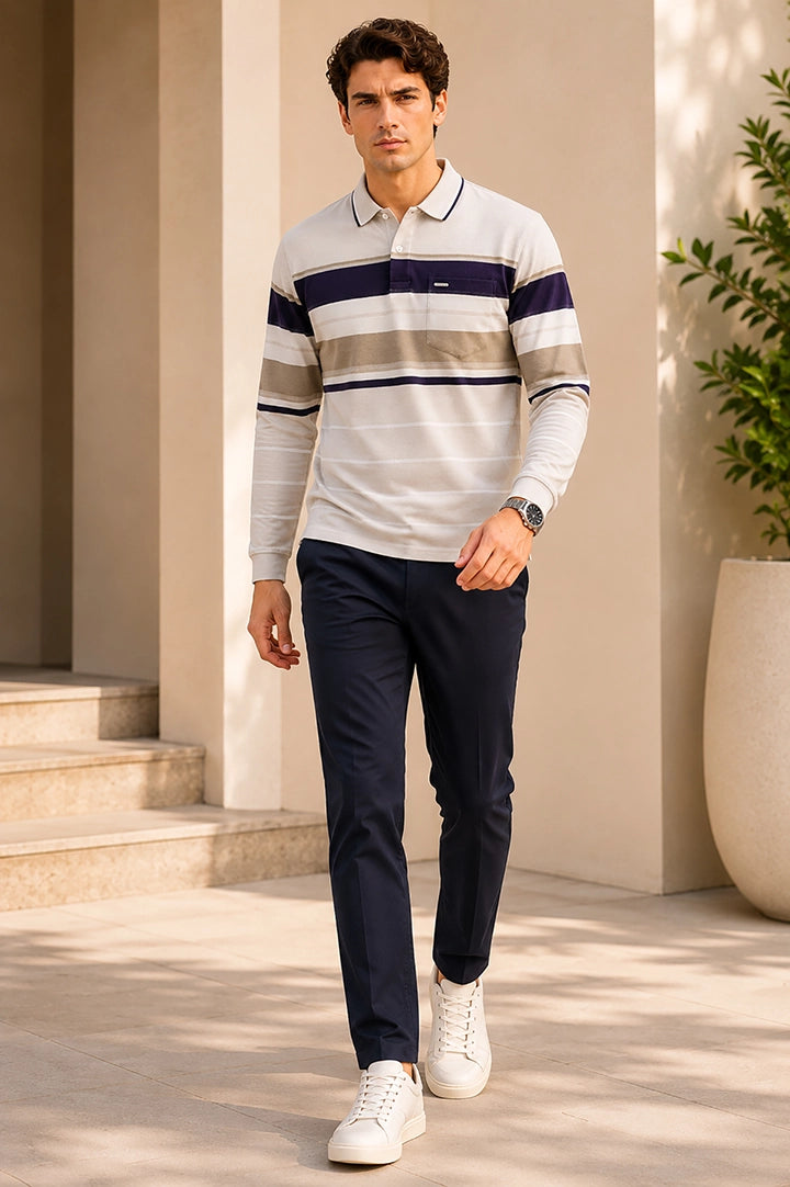 Beige Striped Cotton Men Full Sleeve Polo T Shirts With Pocket