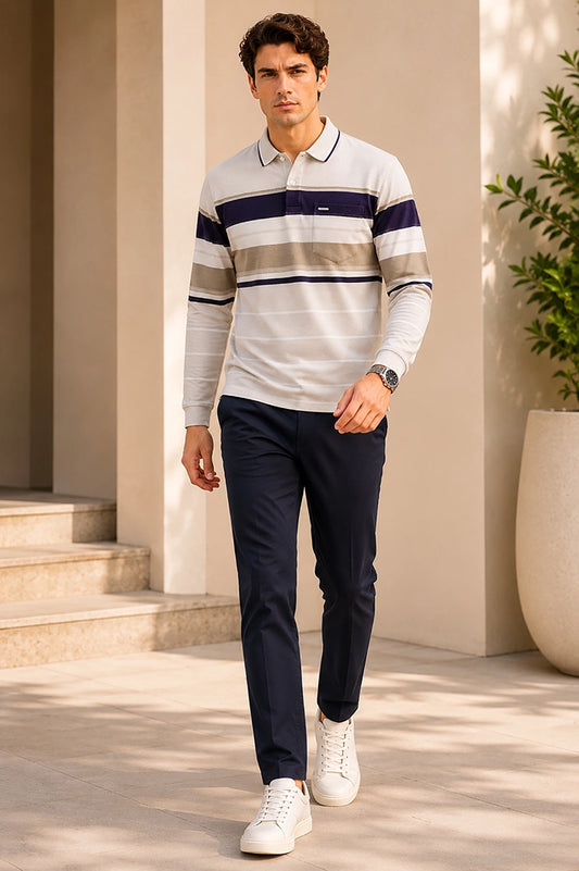 Beige Striped Cotton Men Full Sleeve Polo T Shirts With Pocket