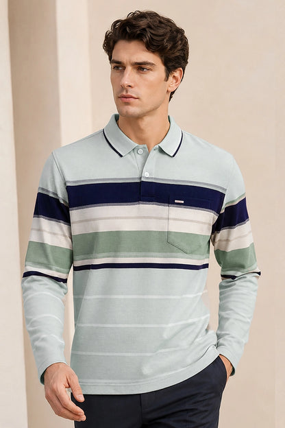 Pista Striped Cotton Men Full Sleeve Polo T Shirts With Pocket