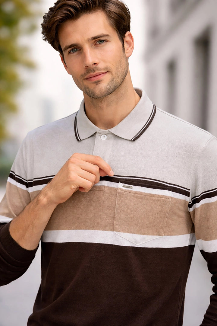 Coco Brown Striped Cotton Men Full Sleeve Polo T Shirts With Pocket