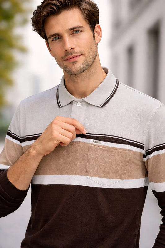 Coco Brown Striped Cotton Men Full Sleeve Polo T Shirts With Pocket