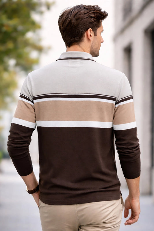Coco Brown Striped Cotton Men Full Sleeve Polo T Shirts With Pocket