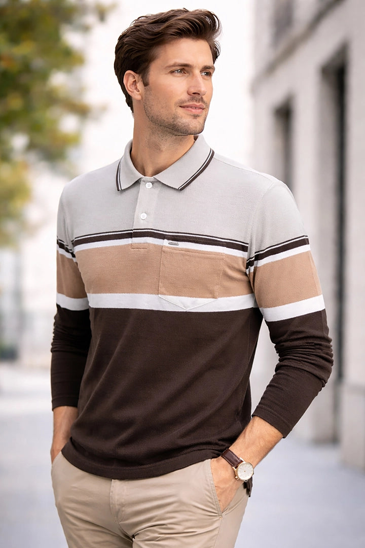 Coco Brown Striped Cotton Men Full Sleeve Polo T Shirts With Pocket