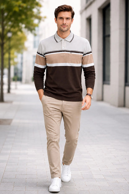 Coco Brown Striped Cotton Men Full Sleeve Polo T Shirts With Pocket
