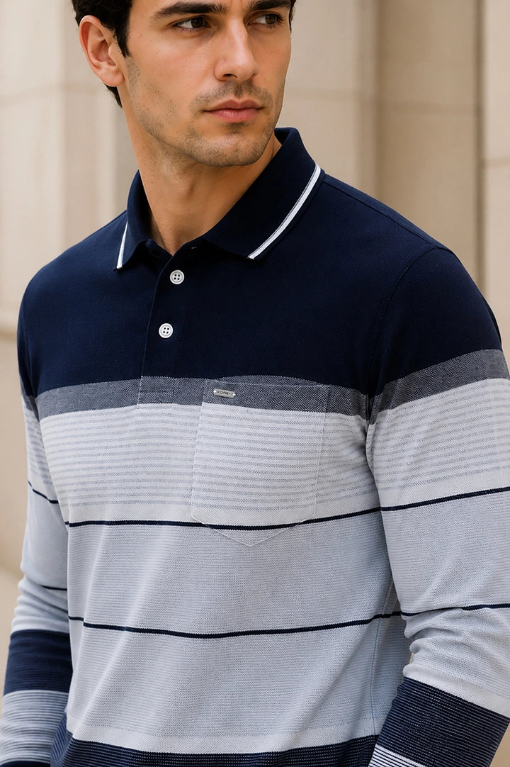 Navy Striped Cotton Men Full Sleeve Polo T Shirts With Pocket