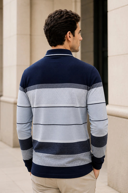 Navy Striped Cotton Men Full Sleeve Polo T Shirts With Pocket