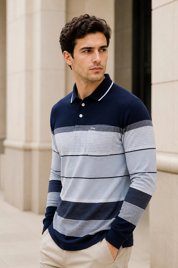 Navy Striped Cotton Men Full Sleeve Polo T Shirts With Pocket