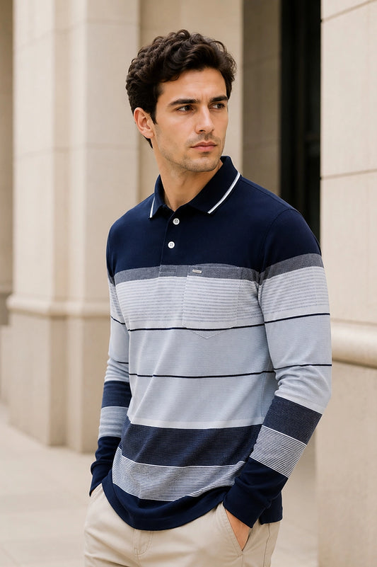 Navy Striped Cotton Men Full Sleeve Polo T Shirts With Pocket