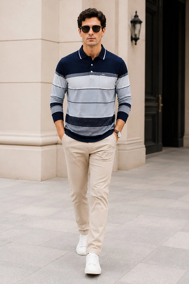 Navy Striped Cotton Men Full Sleeve Polo T Shirts With Pocket