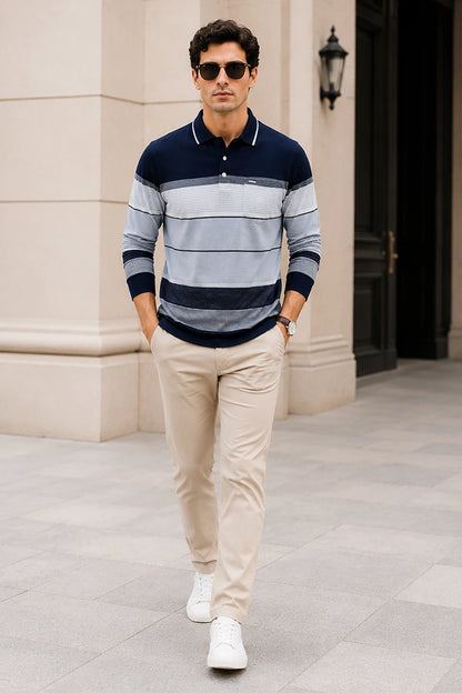 Navy Striped Cotton Men Full Sleeve Polo T Shirts With Pocket