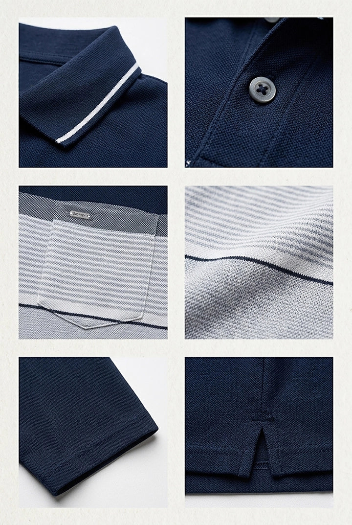 Navy Striped Cotton Men Full Sleeve Polo T Shirts With Pocket