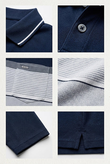 Navy Striped Cotton Men Full Sleeve Polo T Shirts With Pocket