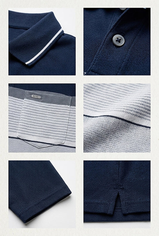 Navy Striped Cotton Men Full Sleeve Polo T Shirts With Pocket