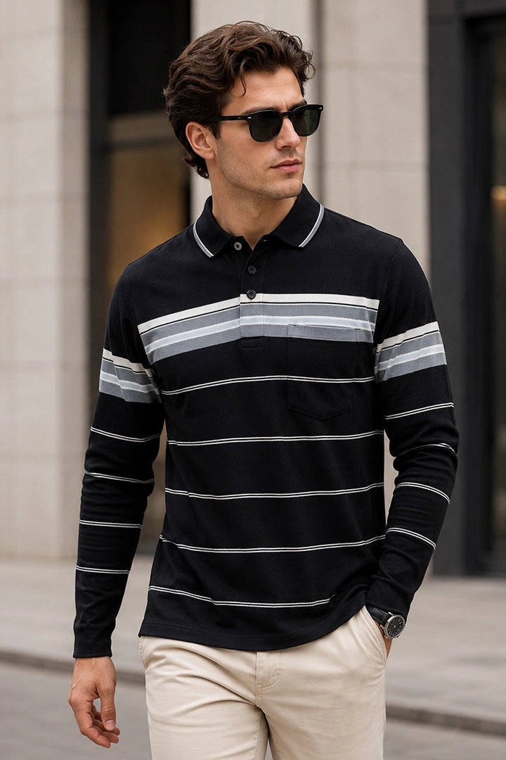 Black Striped Cotton Men Full Sleeve Polo T Shirts With Pocket