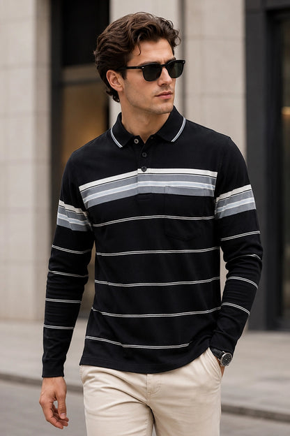 Black Striped Cotton Men Full Sleeve Polo T Shirts With Pocket