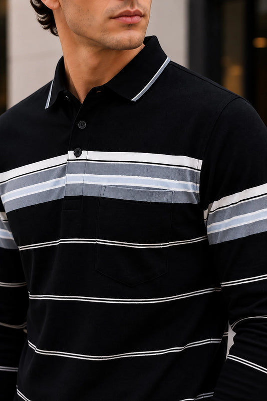 Black Striped Cotton Men Full Sleeve Polo T Shirts With Pocket