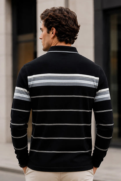 Black Striped Cotton Men Full Sleeve Polo T Shirts With Pocket