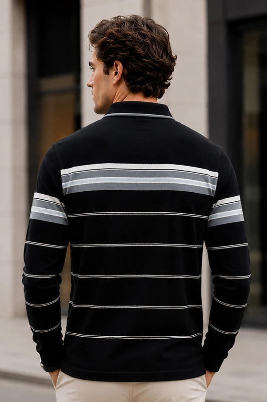 Black Striped Cotton Men Full Sleeve Polo T Shirts With Pocket