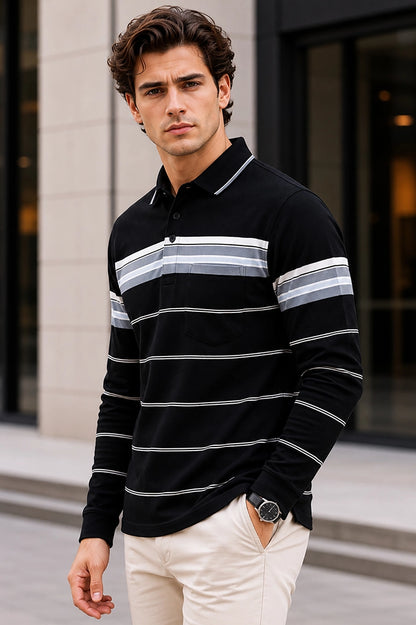 Black Striped Cotton Men Full Sleeve Polo T Shirts With Pocket