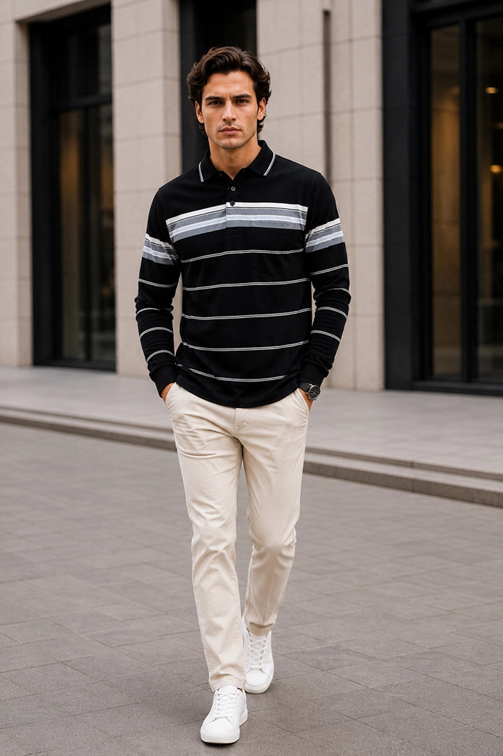 Black Striped Cotton Men Full Sleeve Polo T Shirts With Pocket