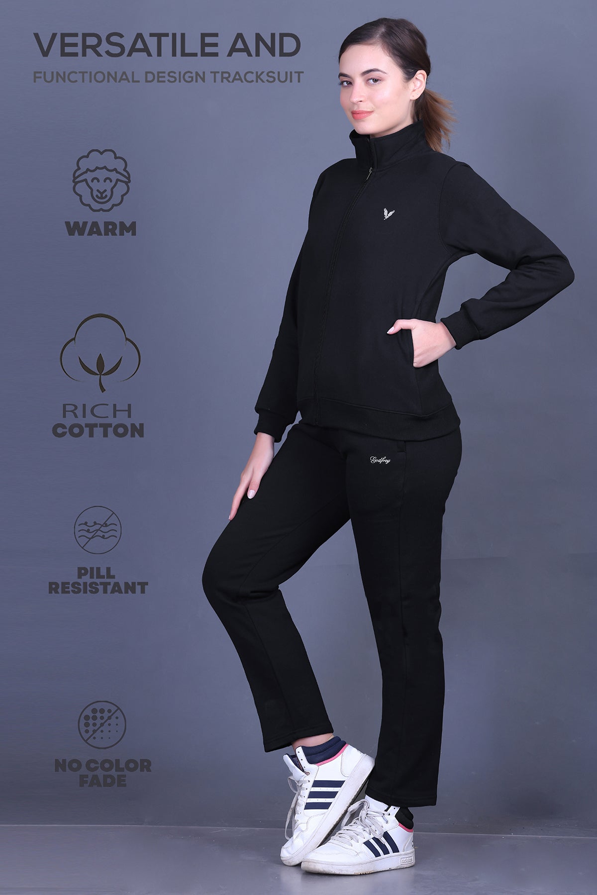 Black Cotton Fleece Winter Track suit for Ladies