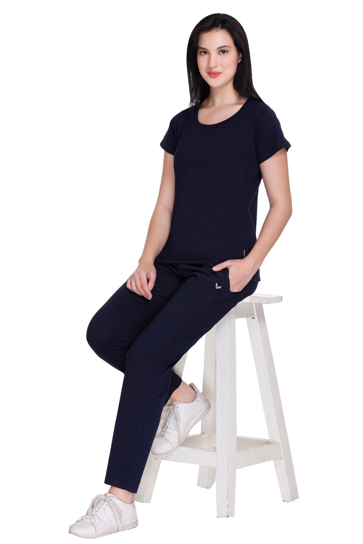 Navy Solid Cotton Pyjama For Women