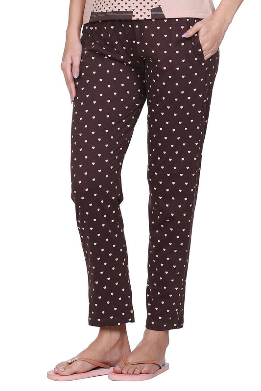 Coffee Printed Cotton Pyjamas For Women