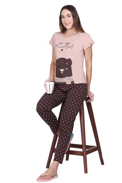 Coffee Printed Cotton Pyjamas For Women