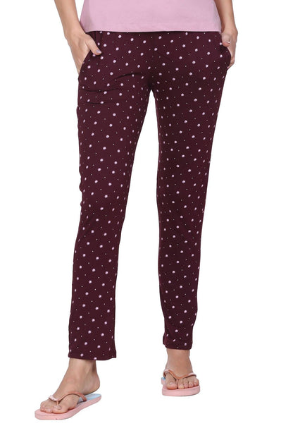 Wine Printed Cotton Pyjamas For Women