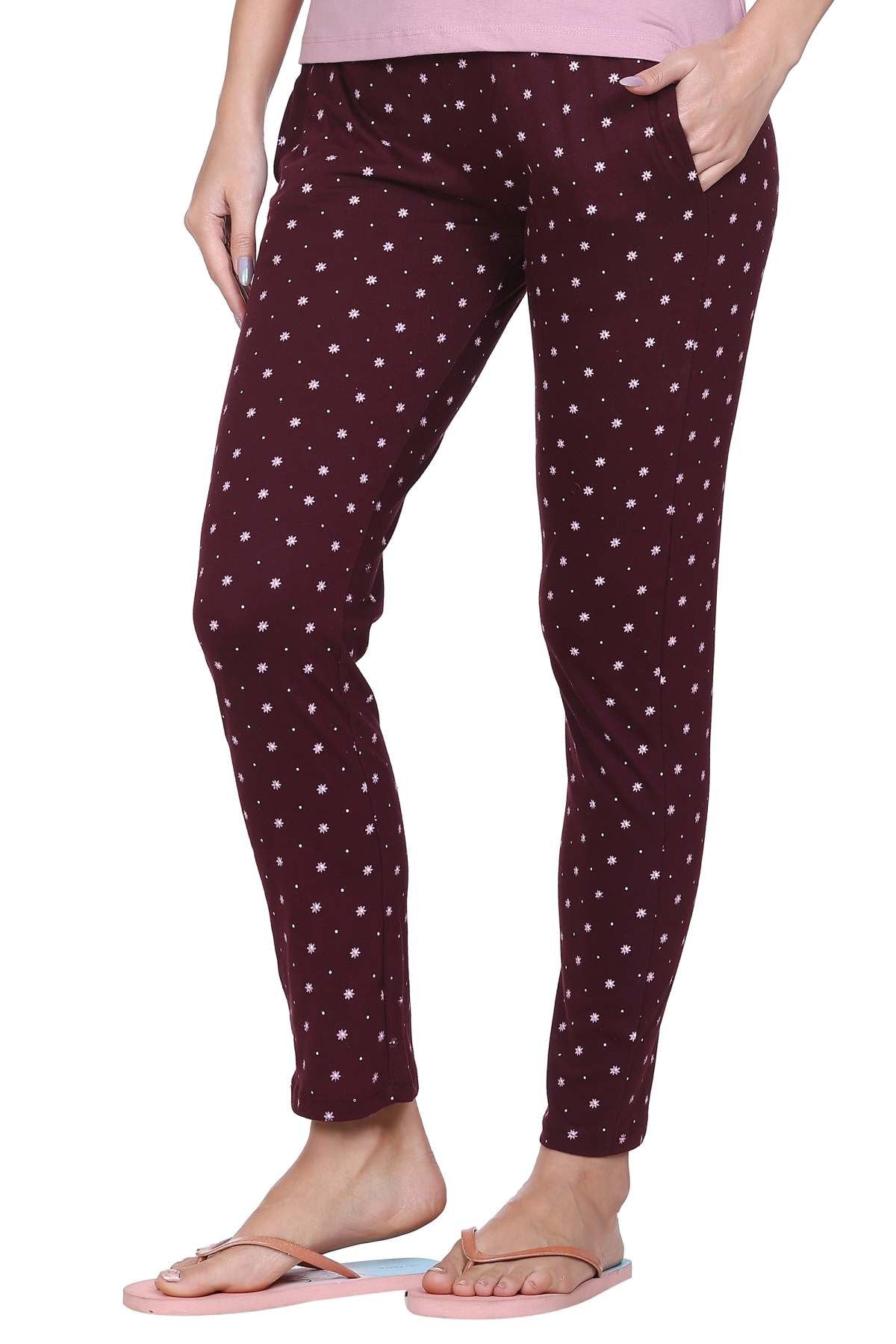 Wine Printed Cotton Pyjamas For Women