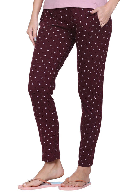 Wine Printed Cotton Pyjamas For Women