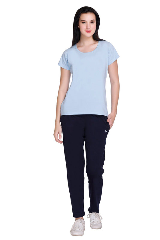 Sky Navy Plain Pajama Set For Women