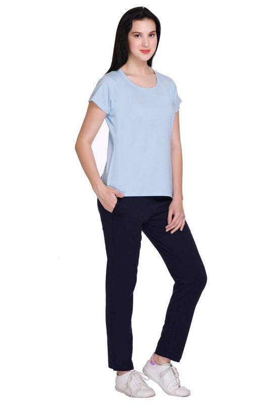 Sky Navy Plain Pajama Set For Women