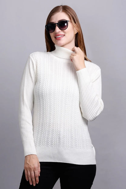 Off White High Neck full Sleeve Sweater Cable Knit