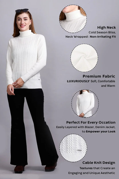 Off White High Neck full Sleeve Sweater Cable Knit
