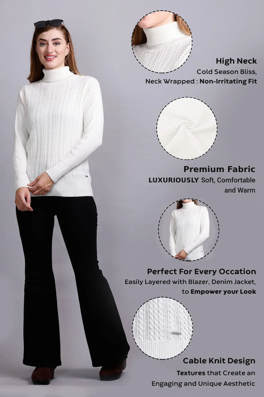 Off White High Neck full Sleeve Sweater Cable Knit