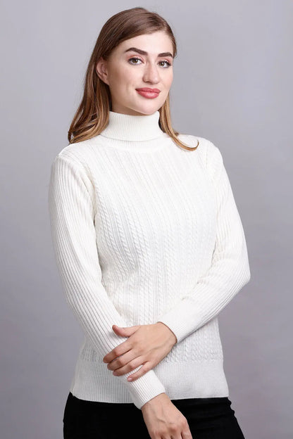 Off White High Neck full Sleeve Sweater Cable Knit