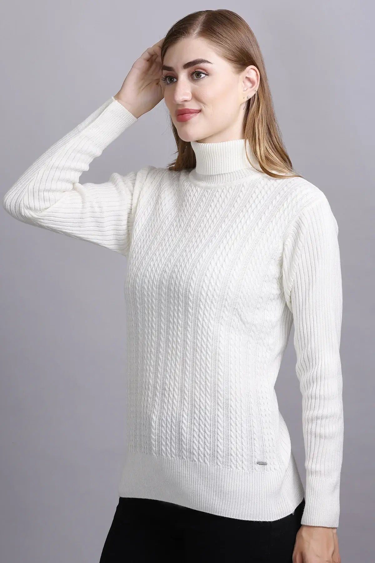 Off White High Neck full Sleeve Sweater Cable Knit