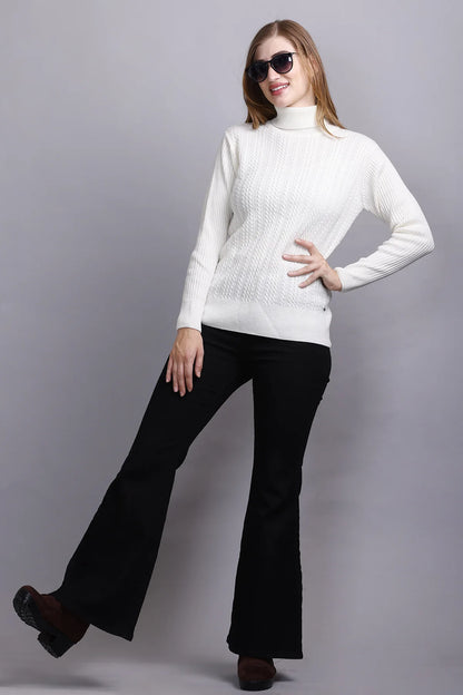 Off White High Neck full Sleeve Sweater Cable Knit