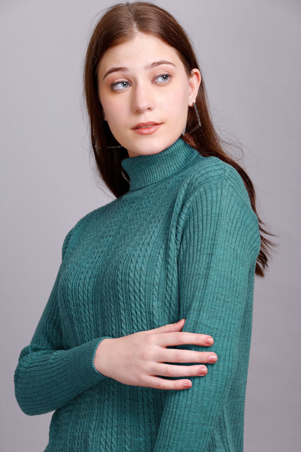 Light Turquoise High Neck full Sleeve Sweater Cable Knit
