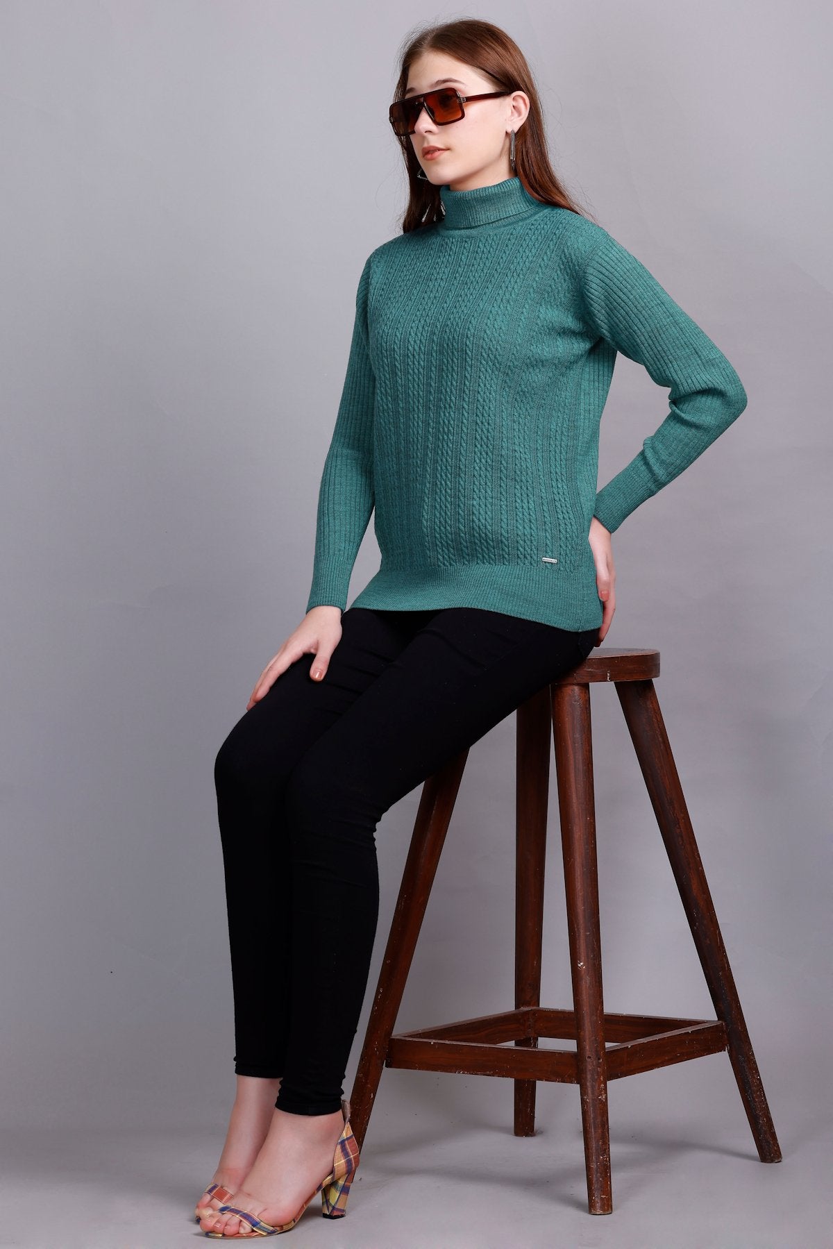 Light Turquoise High Neck full Sleeve Sweater Cable Knit