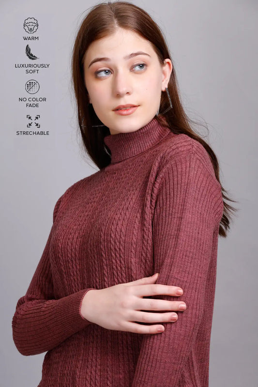 Rose Gold High Neck full Sleeve Sweater Cable Knit