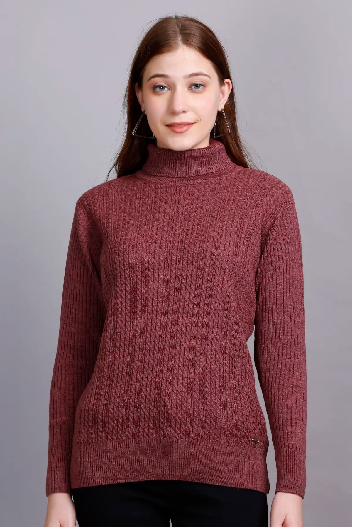 Rose Gold High Neck full Sleeve Sweater Cable Knit